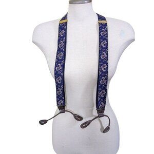 Vintage Pelican Suspenders Blue Paisley Leather Trim Button On USA Preppy Office
